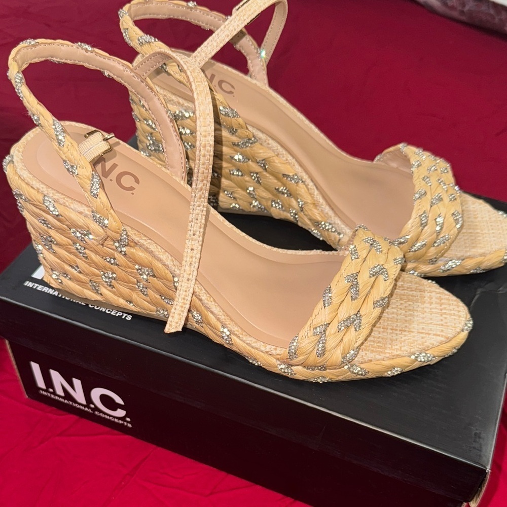 INC International Concepts Tan and Silver Woven Wedges - Picture 4 of 17